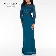 Teal Sequin Lace Fancy Women Cotton Long Dress Long Sleeve For Evening Party